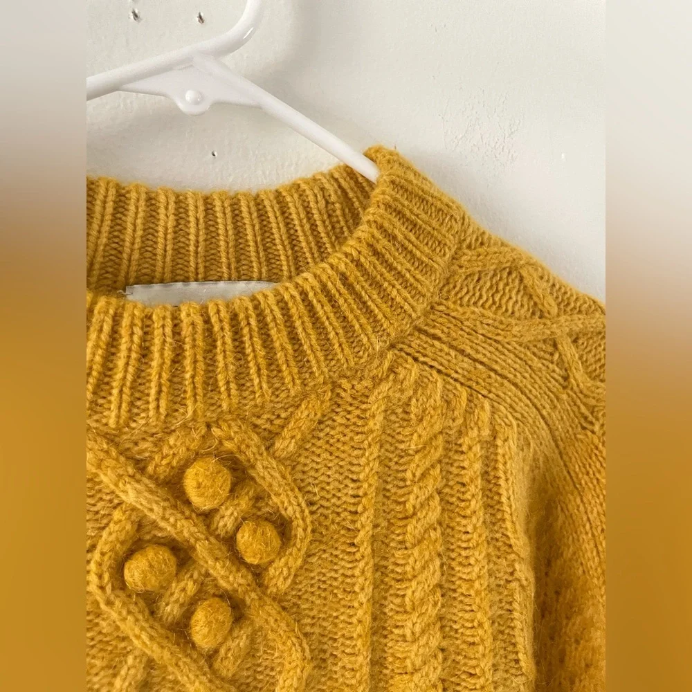 J.Crew DemyLee Mohair Wool Cable Knit Sweater XS Balloon Sleeve Chunky Mustard - Picture 2 of 5